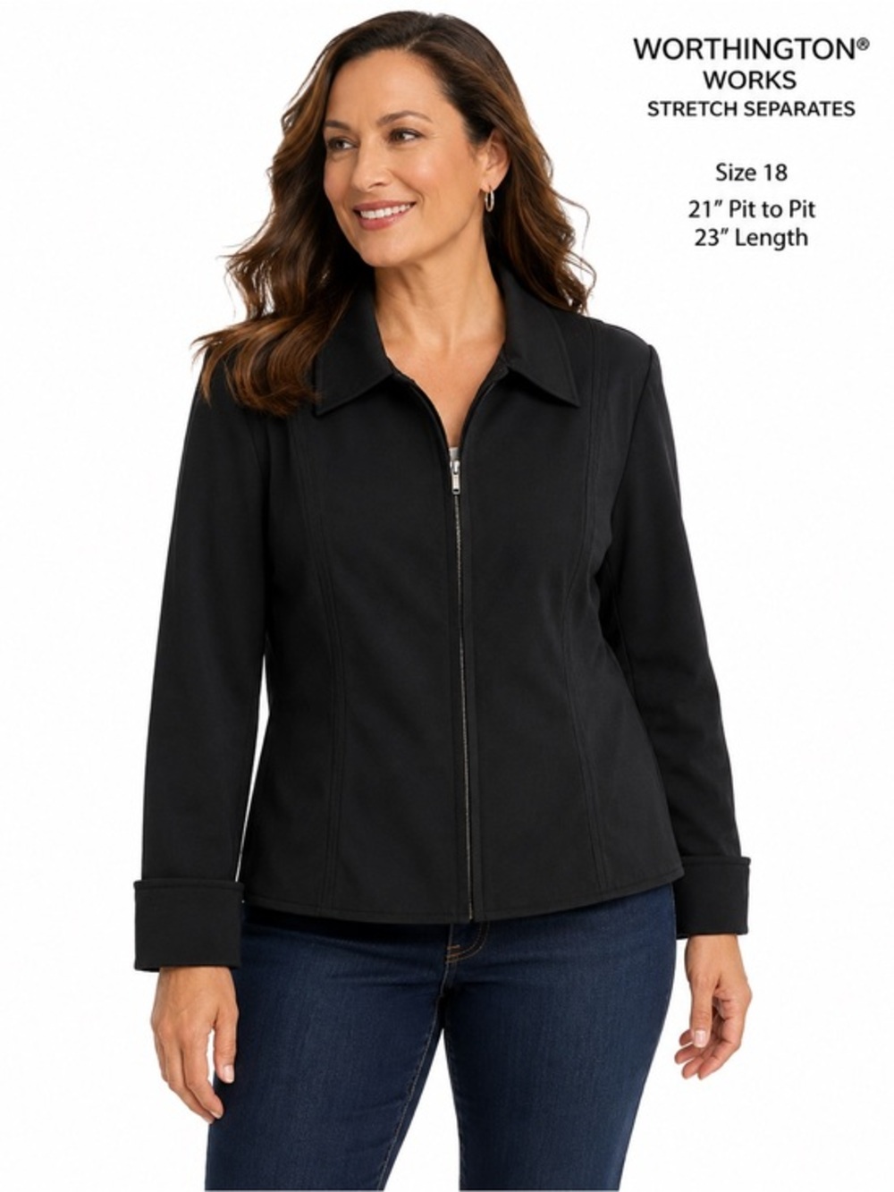 Worthington Works Black Stretch Zip Front Career Jacket Blazer Size 18